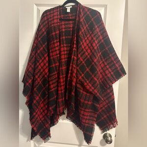 J Jill Red and Black Plaid ruana pancho